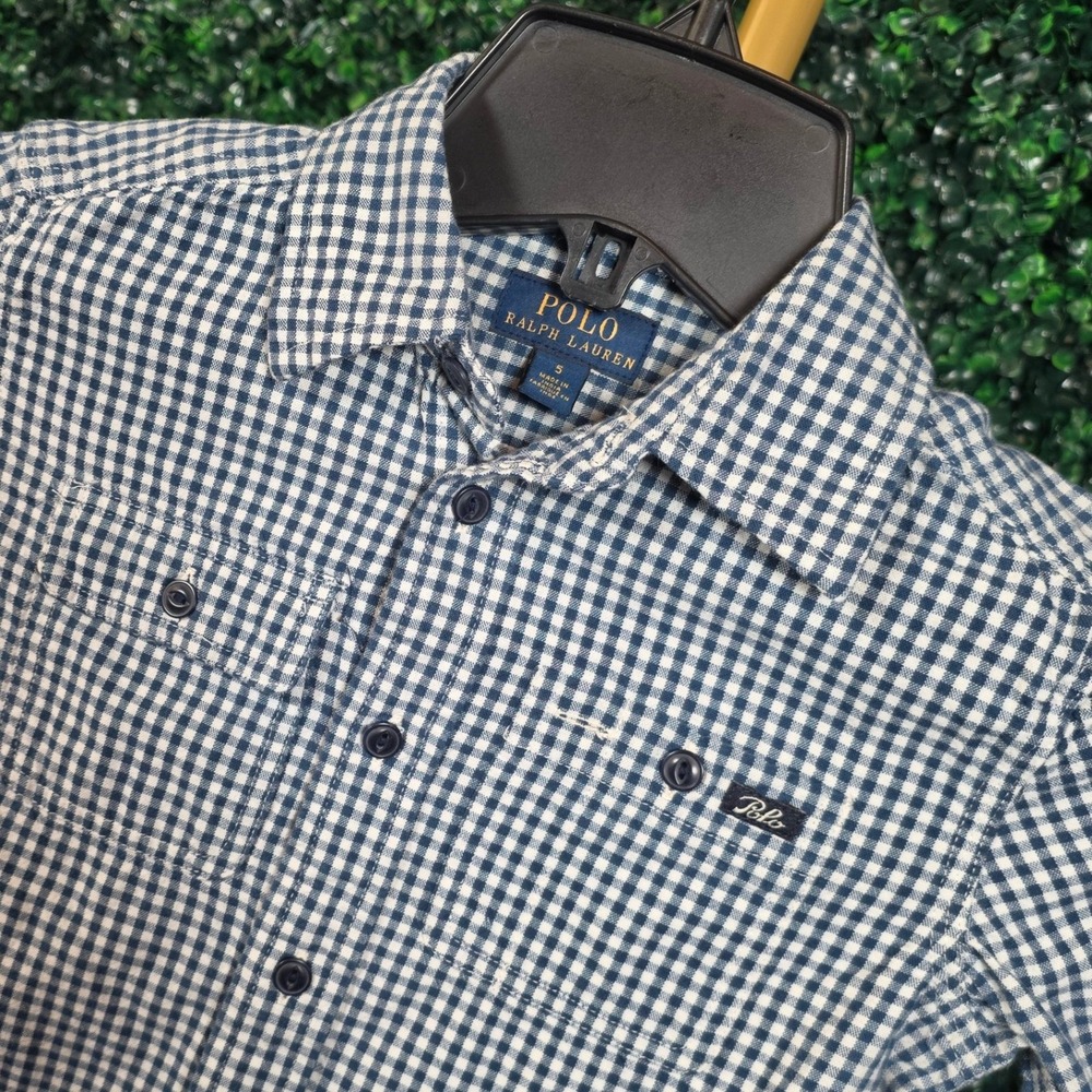 Polo Ralph Lauren Boys Navy Blue White Gingham Long Sleeve Button Down Shirt 5